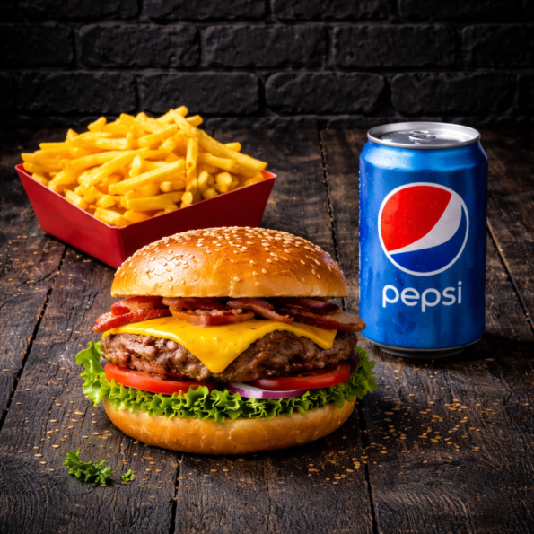 Juicy cheeseburger with fries and Pepsi